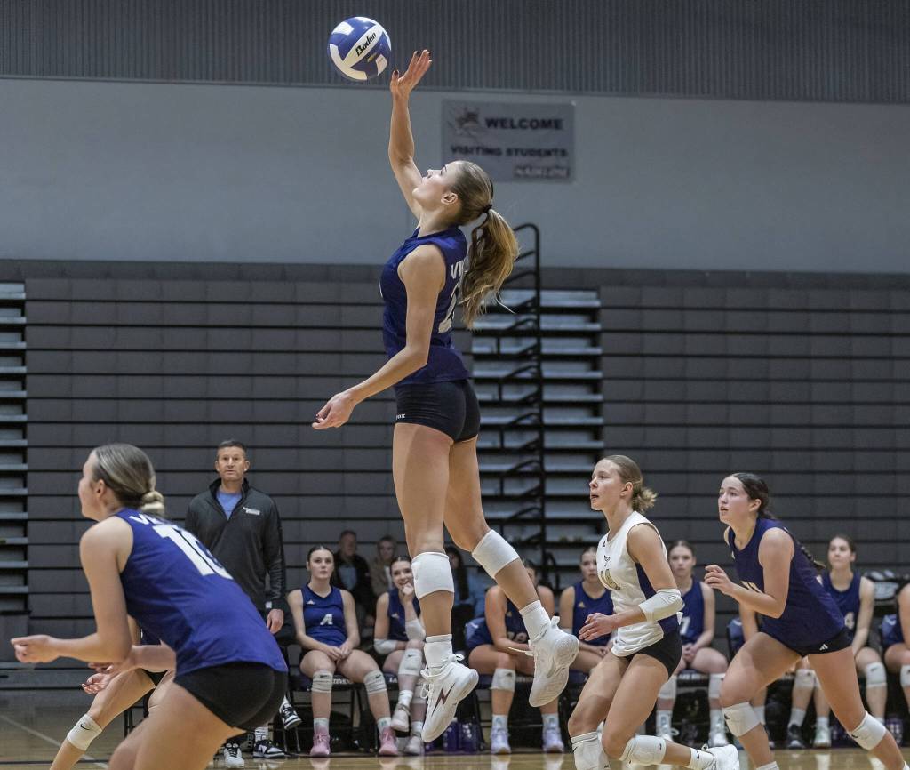 Lake Stevens Laura Eichert leaps in the air to hit the ball during the 4A district semifinal game on Thursday, Nov. 14, 2024 in Lynnwood, Washington. (Olivia Vanni / The Herald)