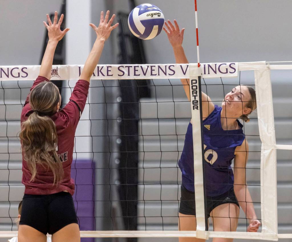 Lake Stevens Jayci Scrivens hits the ball over the net during the 4A district semifinal game on Thursday, Nov. 14, 2024 in Lynnwood, Washington. (Olivia Vanni / The Herald)