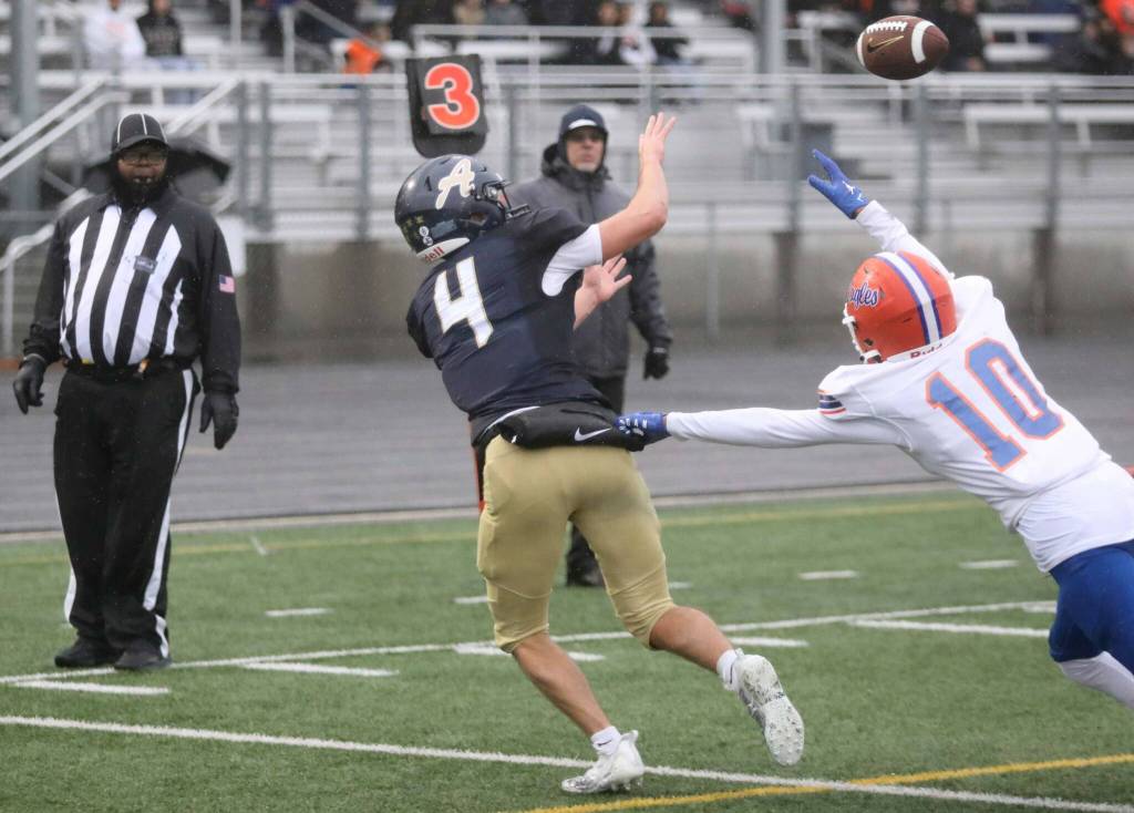 Arlington senior wide receiver Jake Willis catches a pass for a touchdown during a first-round game of the Class 4A state tournament against Graham-Kapowsin in Arlington, Wash., on Saturday, Nov. 16, 2024. The Eagles won, 42-6. (Taras McCurdie / The Herald)