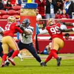 Seahawks right tackle Abraham Lucas (72) blocks 49ers defensive lineman Robert Beal Jr. (51) in Seattle's 20-17 win over San Francisco at Levi's Stadium on Nov. 17, 2024. (Photo courtesy of Edwin Hooper / Seattle Seahawks)