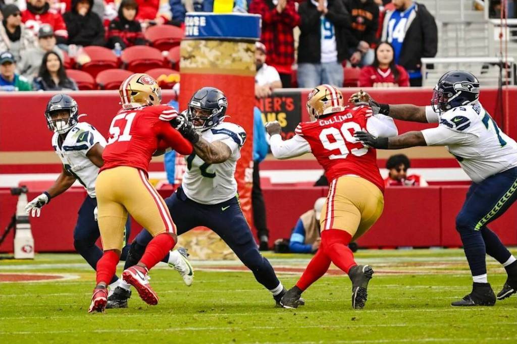 Seahawks right tackle Abraham Lucas (72) blocks 49ers defensive lineman Robert Beal Jr. (51) in Seattle's 20-17 win over San Francisco at Levi's Stadium on Nov. 17, 2024. (Photo courtesy of Edwin Hooper / Seattle Seahawks)