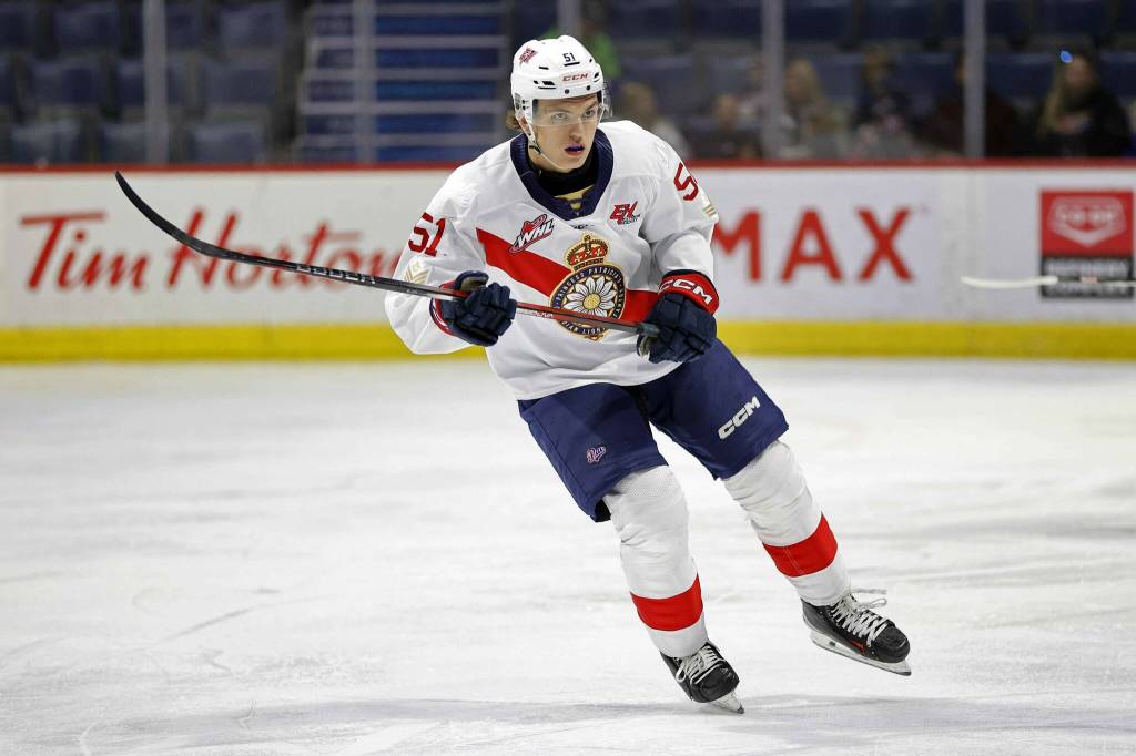 Jaxsin Vaughan skates on the ice for the Regina Pats. The Everett Silvertips traded Cameron Brown for Vaughan and also received a 2025 first-round pick. (Photo courtesy of Everett Silvertips)