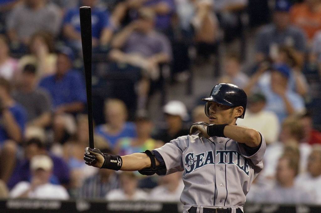 Dave Kaup / Getty Images / Tribune News Services
Outfielder Ichiro Suzuki of the Seattle Mariners prepares to bat against the Kansas City Royals during the game at Kauffman Stadium on Aug.17, 2004, in Kansas City, Missouri.