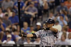 Outfielder Ichiro Suzuki of the Seattle Mariners prepares to bat against the Kansas City Royals during the game at Kauffman Stadium on Aug.17, 2004, in Kansas City, Missouri.  (Dave Kaup / Getty Images / Tribune News Services)