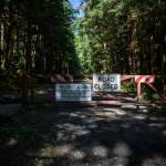 A closed road at the Heather Lake Trail parking lot along the Mountain Loop Highway in Snohomish County, Washington on Wednesday, July 19, 2023. (Annie Barker / The Herald)
