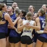 Lake Stevens players celebrate to beating Eastlake in the 4A district semifinal game to advance to the final on Thursday, Nov. 14, 2024 in Lynnwood, Washington. (Olivia Vanni / The Herald)