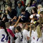 Players for the eighth-seeded Lake Stevens High School girls soccer team celebrate their 1-0 victory against second-seeded Woodinville in the Class 4A state title game at Sparks Stadium in Puyallup, Wash., on Saturday, Nov. 23, 2024. This marked the first state title in program history for the Vikings. (Taras McCurdie / The Herald)