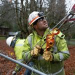 Brandon Hughes, a utility worker from Okanogan County, works on repairing a power line on Friday east of Lake Stevens. (Will Geschke / The Herald)