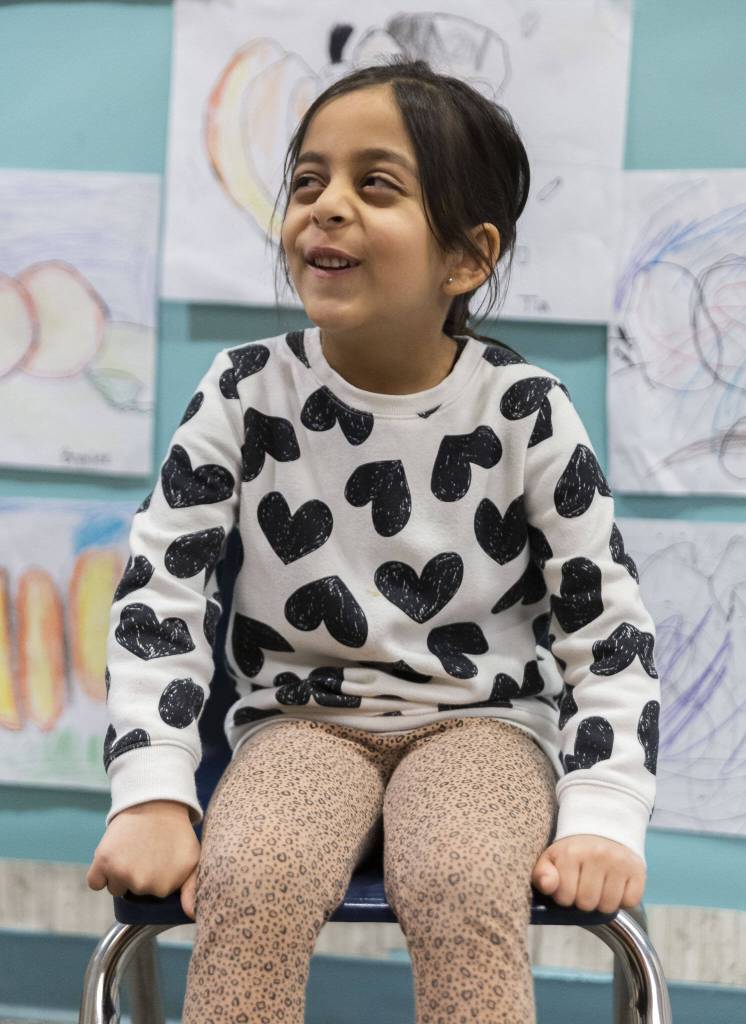 Highland Elementary kindergartener Zoya Malla, 5, makes a face while she thinks about what the grossest Thanksgiving food is on Tuesday, Nov. 26, 2024 in Lake Stevens, Washington. (Olivia Vanni / The Herald)