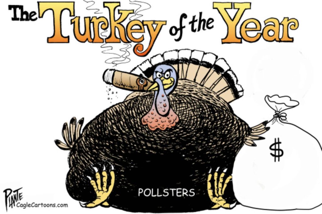 Pollsters earn the turkey of the year award, bad polls, missed badly, failed polls, wrong, bogus, predictions, celebrates, cigar, money, bags