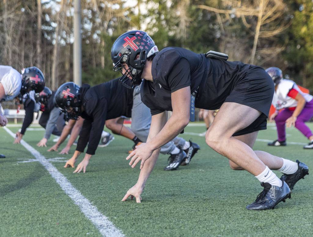 Archbishop Murphy junior Jack Sievers lines up with the defense during a drill at football practice on Wednesday, Nov. 27, 2024 in Everett, Washington. (Olivia Vanni / The Herald)