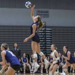 Lake Stevens’ Laura Eichert leaps in the air to hit the ball during the 4A district semifinal game on Thursday, Nov. 14, 2024 in Lynnwood, Washington. (Olivia Vanni / The Herald)