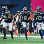 Seahawks safety Coby Bryant (8) returns an interception for a touchdown against the Arizona Cardinals at Lumen Field on Nov. 24, 2024. (Photo courtesy of the Seattle Seahawks)