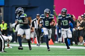 Seahawks safety Coby Bryant (8) returns an interception for a touchdown against the Arizona Cardinals at Lumen Field on Nov. 24, 2024. (Photo courtesy of the Seattle Seahawks)
