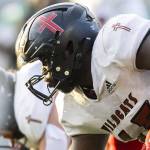 Sweat drips from Archbishop Murphys Hakeim Smalls as he lines up for the snap during the 2A semifinal game against Tumwater on Saturday, Nov. 30, 2024 in Tumwater, Washington. (Olivia Vanni / The Herald)