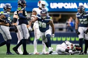 Seahawks defensive end Leonard Williams (99) celebrates during a stop of the Arizona Cardinals at Lumen Field on Nov. 24, 2024 (Photo courtesy of Rod Mar / Seattle Seahawks)