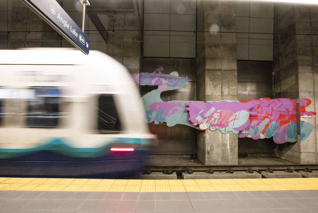 A Link train leaves Roosevelt Station on Oct. 14, 2024 in Seattle, Washington. (Olivia Vanni / The Herald)