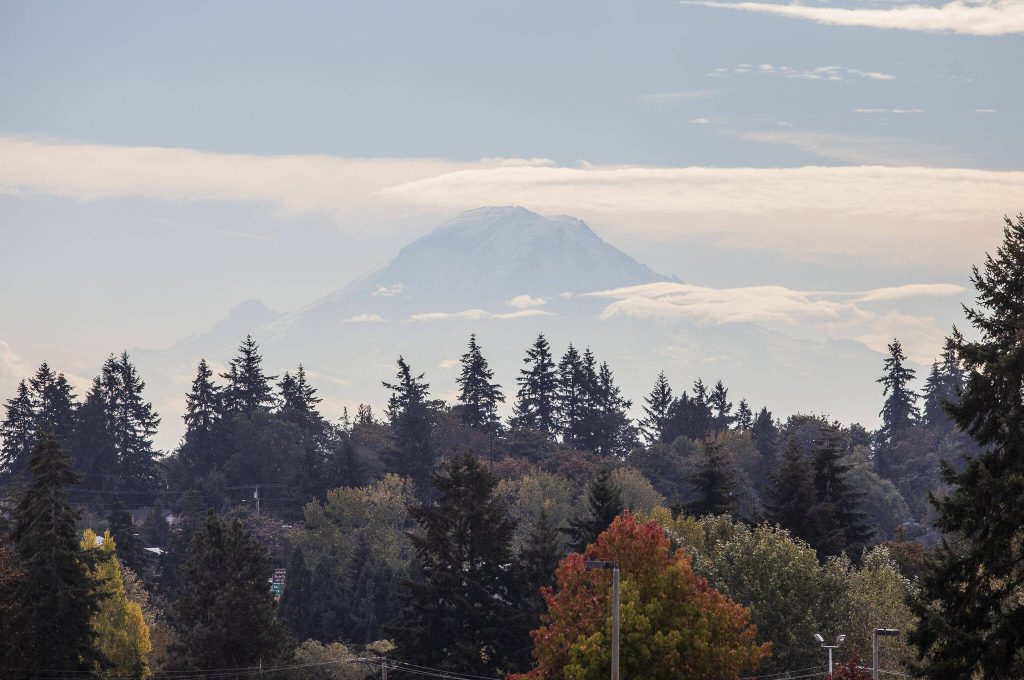 A view of Mt. Rainer from the end of the Angle Lake Station platform on Oct. 14, 2024 in SeaTac, Washington. (Olivia Vanni / The Herald)