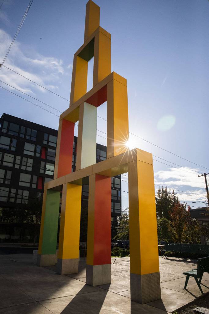 Building Blocks, a 49-foot-tall archway outside of Roosevelt Station on Oct. 14, 2024 in Seattle, Washington. (Olivia Vanni / The Herald)