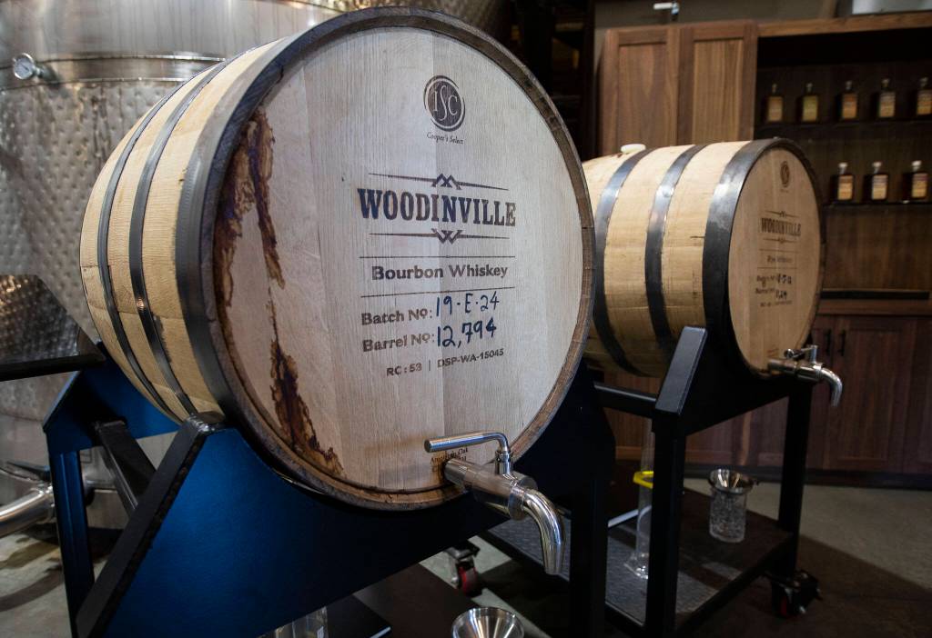 Barrels of whiskey for tasting on Monday, Oct. 7, 2024 in Woodinville, Washington. (Olivia Vanni / The Herald)