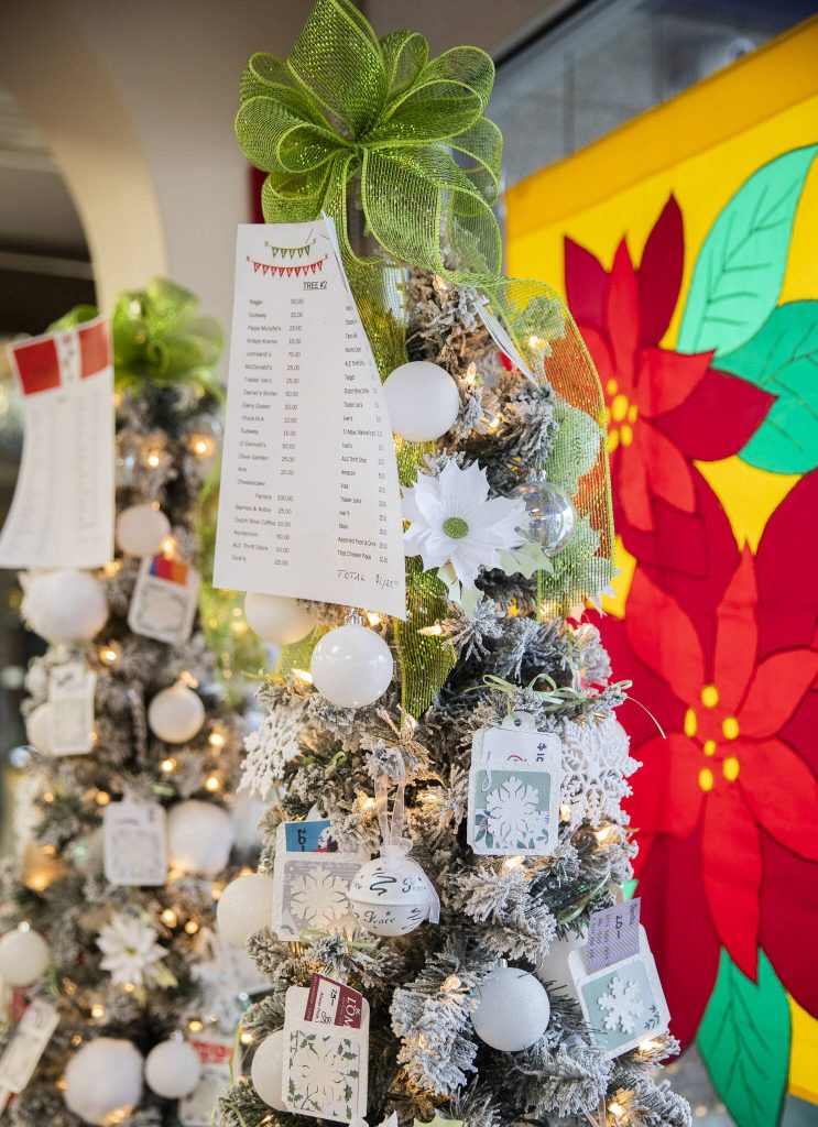 One of two gift card raffle trees on display at the Assistance League of Everetts Thrift Store on Monday, Dec. 2, 2024 in Everett, Washington. The drawing for the raffle is Dec. 15. (Olivia Vanni / The Herald)
