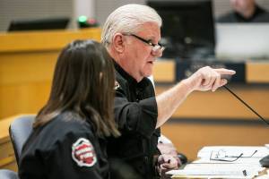 South County Fire Chief Bob Eastman answers question from the Edmonds City Council on Tuesday, Dec. 3, 2024 in Edmonds, Washington. (Olivia Vanni / The Herald)