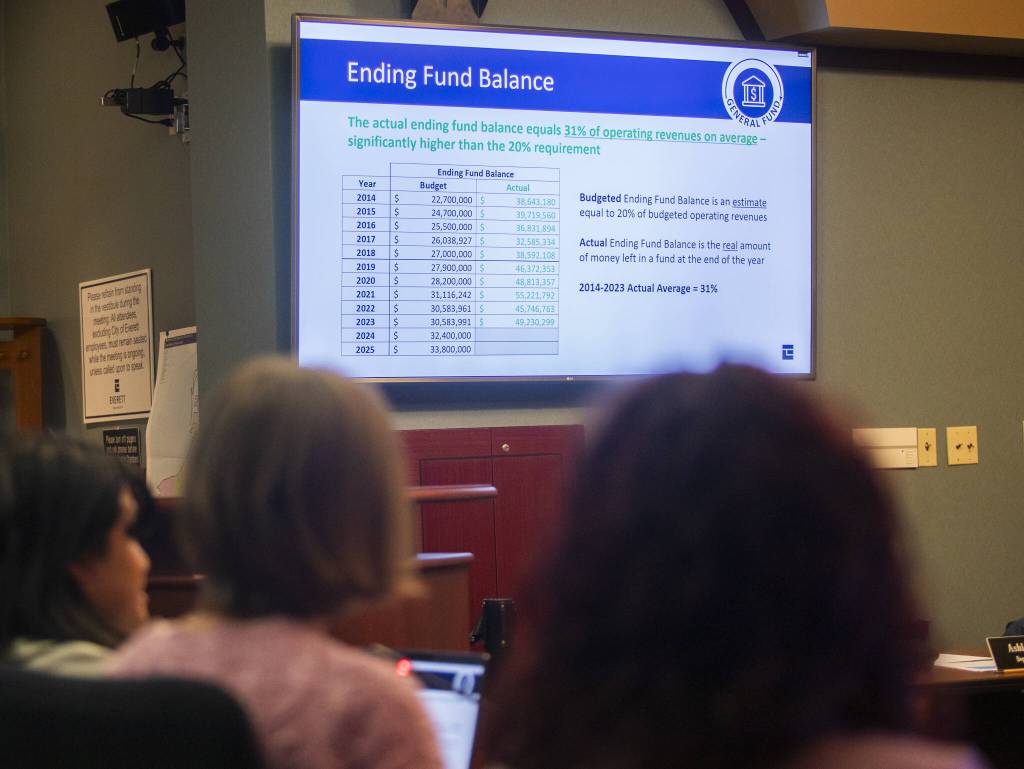 A slide explaining budgeted ending fund balance is explained by Everett City Finance Director Heide Brillantes on Wednesday, Dec. 4, 2024 in Everett, Washington. (Olivia Vanni / The Herald)