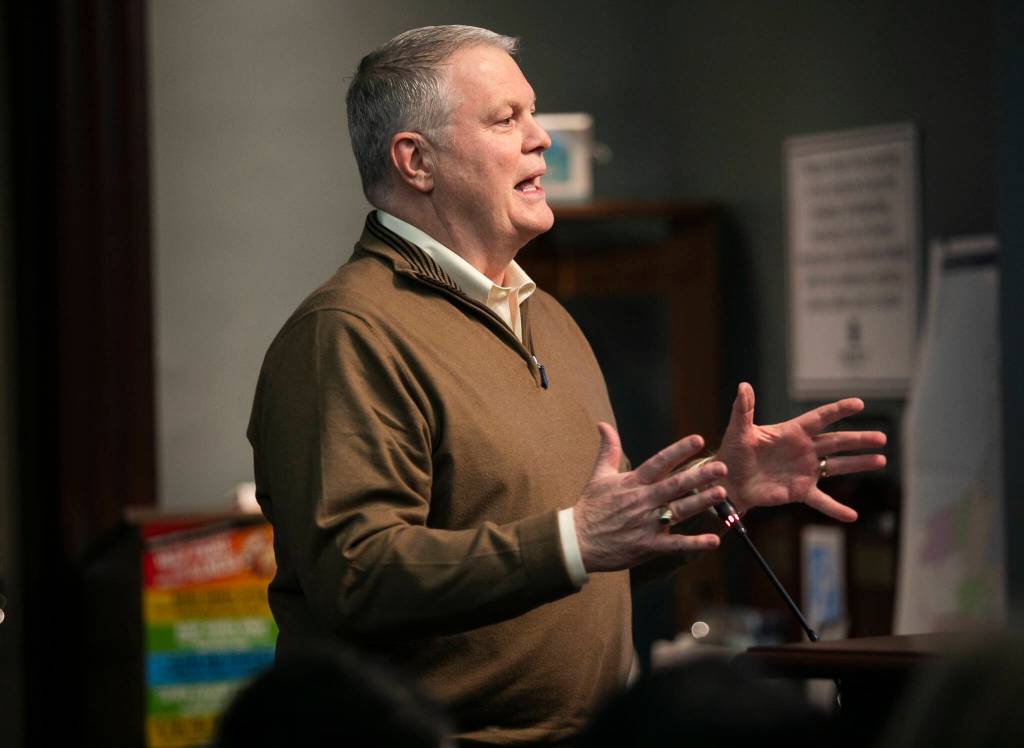 Former Everett City Council member Scott Murphy raises his concerns with the 2025 budget during a city council meeting on Wednesday, Dec. 4, 2024 in Everett, Washington. (Olivia Vanni / The Herald)
