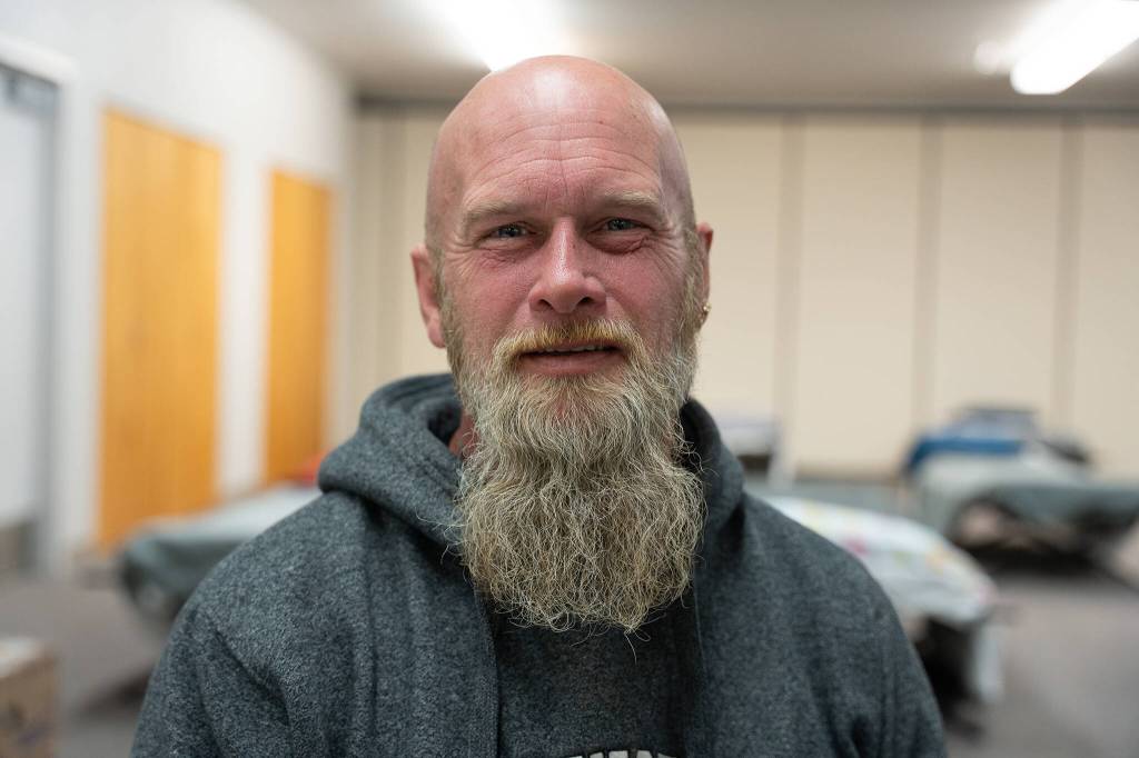 Nathan Ray on Monday, Dec. 2, 2024, at the Marysville Cold Weather Shelter in Marysville, Washington. (Will Geschke / The Herald)