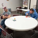 Howard Cartwright, left, and Chris Angelbreath on Monday, Dec. 2, 2024, at the Marysville Cold Weather Shelter in Marysville, Washington. (Will Geschke / The Herald)