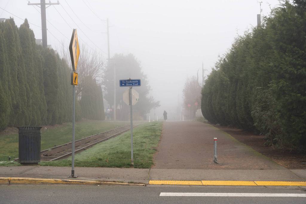The end of the Centennial Trail in Snohomish, Washington on Monday, Dec. 2, 2024. (Will Geschke / The Herald)