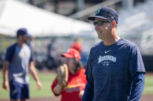 Dan Wilson assists at a Challenger League baseball game hosted by the Everett AquaSox at Funko Field on Sunday, Aug. 23, 2024 at Funko Field in Everett. (Photo courtesy of Evan Morud / Everett AquaSox)