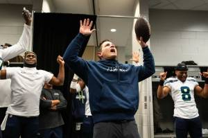 Seahawks coach Mike Macdonald celebrates after Seattle's 26-21 win over the New York Jets at MetLife Stadium on Dec. 1, 2024. (Photo courtesy of Rod Mar / Seattle Seahawks)