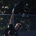 Jacksons Ben Lee serves during a doubles match again Kamiak on Monday, Sept. 30, 2024 in Mill Creek, Washington. (Olivia Vanni / The Herald)