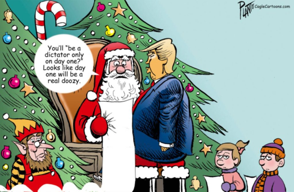 Donald Trump sitting on Santa's lap, Day One,  doozy, wish list, Christmas , elf, kids, MAGA, dictator,  GOP, authoritarian, RNC, promises, Republican Party, cabinet