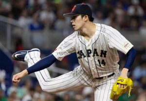 Japan starting pitcher Roki Sasaki (14) pitches against Mexico during the second inning of a semifinal game at the World Baseball Classic at loanDepot Park on Monday, March 20, 2023, in Miami. (Matias J. Ocner / Miami Herald / Tribune News Services)