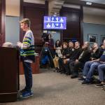 Rhys Stenhouse, 13, speaks to the Everett City Council and encourages members to build a new stadium by quoting Field of Dreams during public comment before a vote on the stadium site location on Wednesday, Dec. 18, 2024, in Everett, Washington. (Olivia Vanni / The Herald)