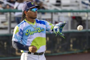 Everett AquaSox infielder Michael Arroyo, the Seattle Mariners' 12th-ranked prospect, catches a baseball prior to Everett's game against the Eugene Emeralds on August 3, 2024, at Funko Field in Everett, Washington. (Photo courtesy of Evan Morud, Everett AquaSox)