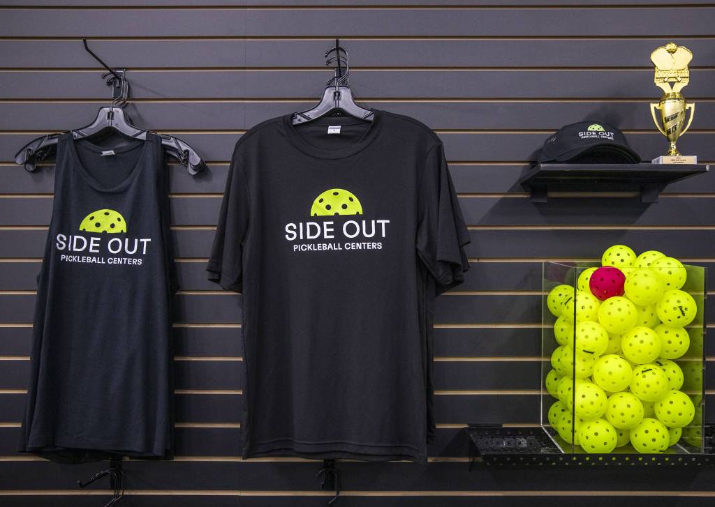 Side Out Pickleball Centers merchandise for sale on Wednesday, Dec. 18, 2024 in Everett, Washington. (Olivia Vanni / The Herald)