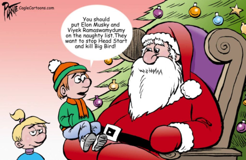 A boy sitting on Santa's lap has a big ask, Elon Musk, Vivek Ramaswamy, naughty list, Head Start, Big Bird, NPR, National Public Radio, GOP, RNC, Republican Party, President Elect Donald J. Trump, U S Congress, US Senate, US House of Representatives, DOGE, Department of Government Efficiency