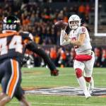 Washington State quarterback John Mateer (#10) throws on the run as the Cougars face the Oregon State Beavers in a college football game at Reser Stadium in Corvallis on Saturday, Nov. 23, 2024. (Sean Meagher / Tribune News Services)