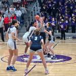 Lake Stevens' Noelani Tupua and Glacier Peak's Lillian Riechelson prepare for tipoff in a Wesco 4A game at Lake Stevens High School on Dec. 20, 2024 (Qasim Ali / The Herald)