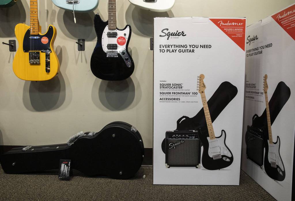 An everything you need to play guitar kit at Kennelly Keys on Oct. 17, 2024 in Everett, Washington. (Olivia Vanni / The Herald)