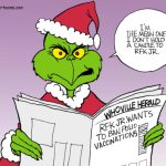 Bruce Plante Cartoon: Pharma Mogul Martin Shkreli, federal fraud, FBI, The Grinch, Former Chief executiveTuring Pharmaceuticals, hedge fund, Daraprim, toxoplasmosis, a parasitic infection that can cause brain damage in babies and people with AIDS, Plante 20151219