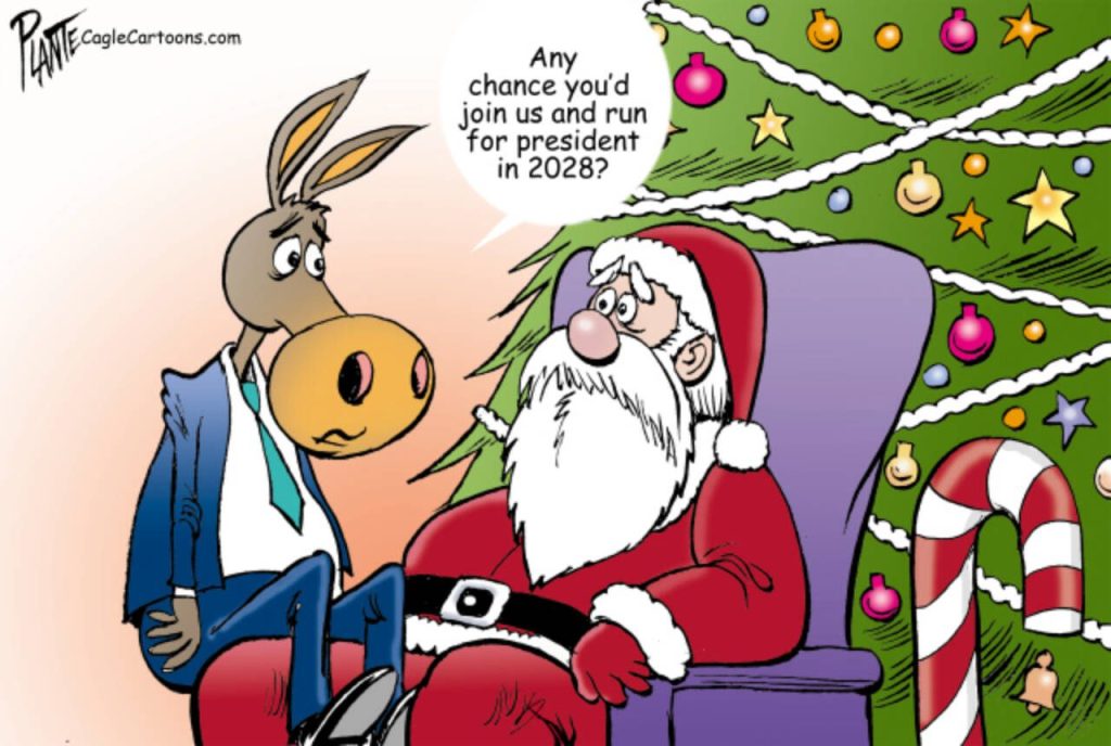 A Democrat on Santa's knee asks for a big favor, campaign, 2028, presidential race, DNC, Democratic Party, post 2024 election, Christmas, holiday season, desperate, desperation