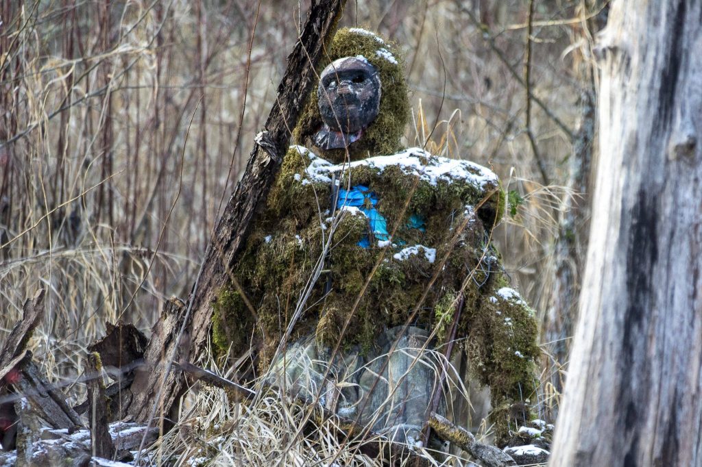 A figure known as the Lake Stevens Bigfoot sits among trees and along a stream on Lundeen Parkway in Lake Stevens, Washington, on Jan. 14, 2024. (Annie Barker / The Herald)