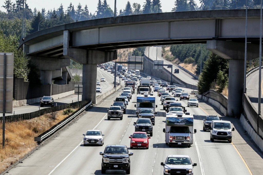 Heavy traffic northbound on 1-5 in Everett, Washington in 2022. (Kevin Clark / The Herald)