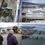 Clockwise from top left: A figure known as the Lake Stevens Bigfoot-Moss Man-Sasquatch sits among trees in Lake Stevens (Annie Barker), Amadea, a superyacht, docked at the Port of Everett on April 29 in Everett (Olivia Vanni), Royalwood Estates Mobile Home Park residents Patsy Gilbert, left, and Elna Olson, right, give a brief tour of the mobile home park on March 11 in Lynnwood (Olivia Vanni) and I-5, Highway 529 and BNSF railroad bridges cross over Union Slough, as the main routes for traffic between Everett and Marysville. (Olivia Vanni)