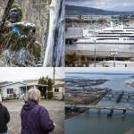 Clockwise from top left: A figure known as the Lake Stevens Bigfoot-Moss Man-Sasquatch sits among trees in Lake Stevens (Annie Barker), Amadea, a superyacht, docked at the Port of Everett on April 29 in Everett (Olivia Vanni), Royalwood Estates Mobile Home Park residents Patsy Gilbert, left, and Elna Olson, right, give a brief tour of the mobile home park on March 11 in Lynnwood (Olivia Vanni) and I-5, Highway 529 and BNSF railroad bridges cross over Union Slough, as the main routes for traffic between Everett and Marysville. (Olivia Vanni)