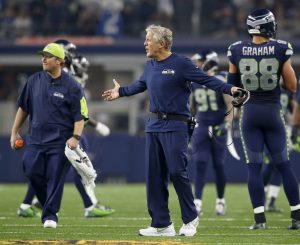 Seattle Seahawks head coach Pete Carroll questions a call during the second half on Sunday, Nov. 1, 2015, at AT&T Stadium in Arlington, Texas. (Brad Loper / Fort Worth Star-Telegram/ Tribune News Services)